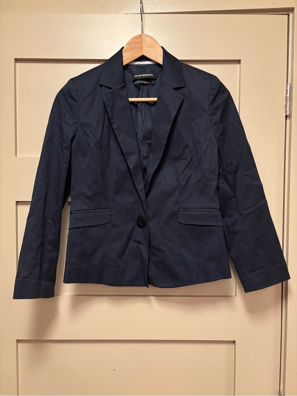 CLUB MONACO Pinstripe Crop Blazer Navy Single Breasted Stretch Suit Jacket Lined